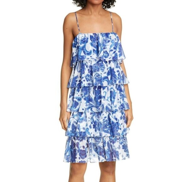 Caroline Constas Blue Floral Print Tiered RuffleDress - Picture 1 of 2